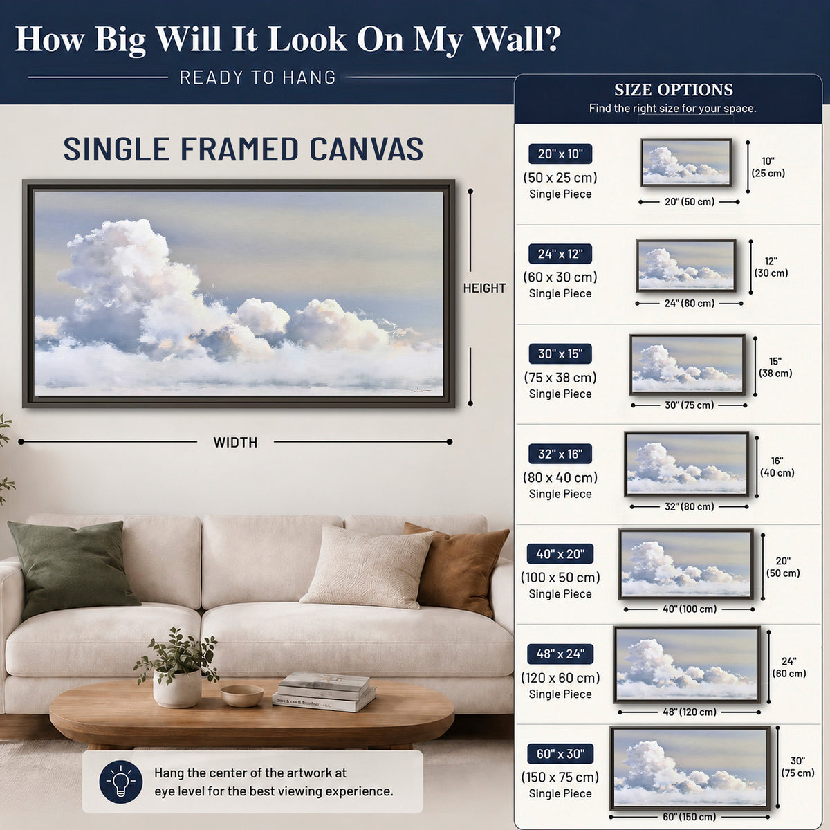 Large white clouds rising through a pale blue sky with gentle warm highlights single framed canvas wall art size guide above a sofa; room view is illustrative