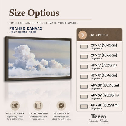 Large white clouds rising through a pale blue sky with gentle warm highlights single framed canvas wall art available dimensions
