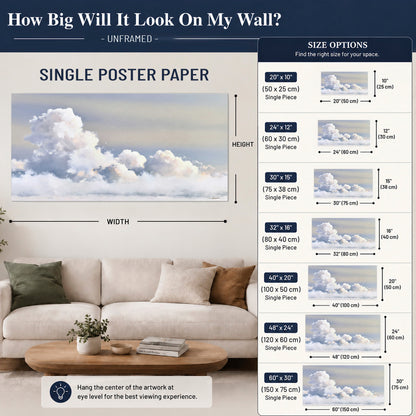 Large white clouds rising through a pale blue sky with gentle warm highlights single poster print size guide above a sofa; room view is illustrative