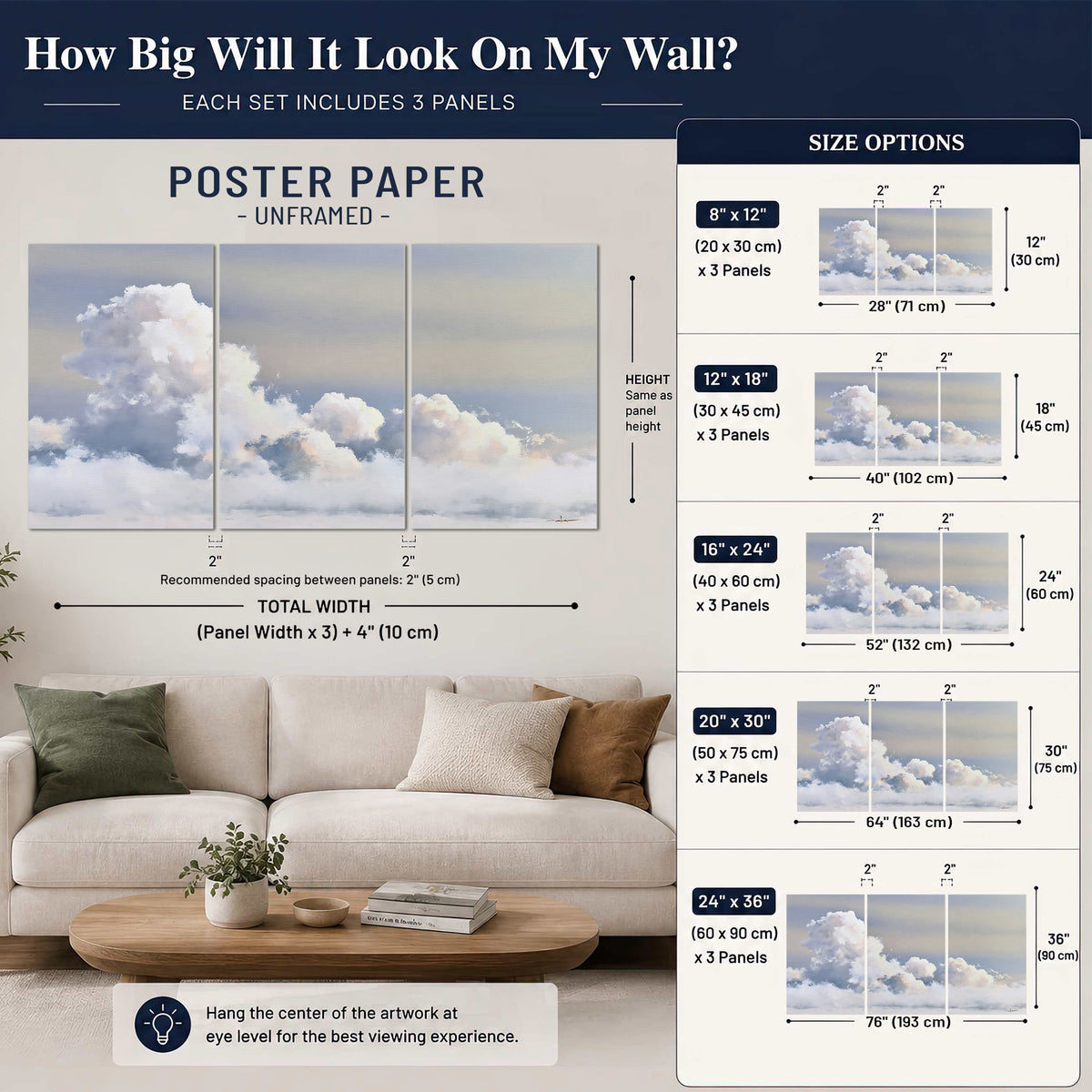 Large white clouds rising through a pale blue sky with gentle warm highlights set of 3 poster prints size guide above a sofa; room view is illustrative