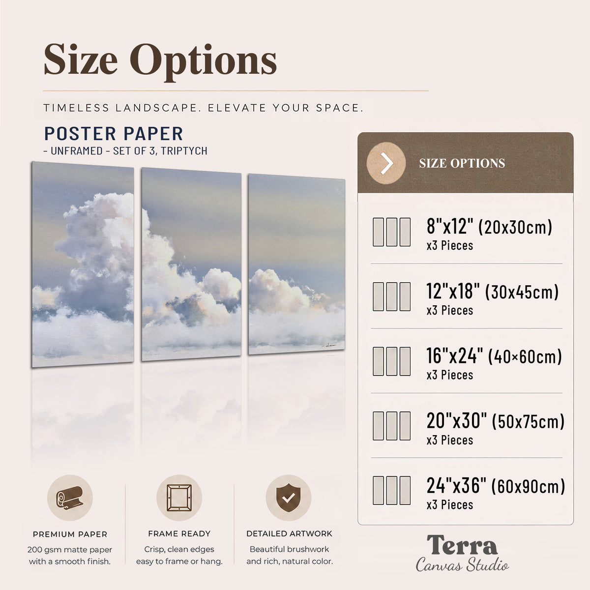 Large white clouds rising through a pale blue sky with gentle warm highlights set of 3 poster prints available dimensions; triptych dimensions are per panel