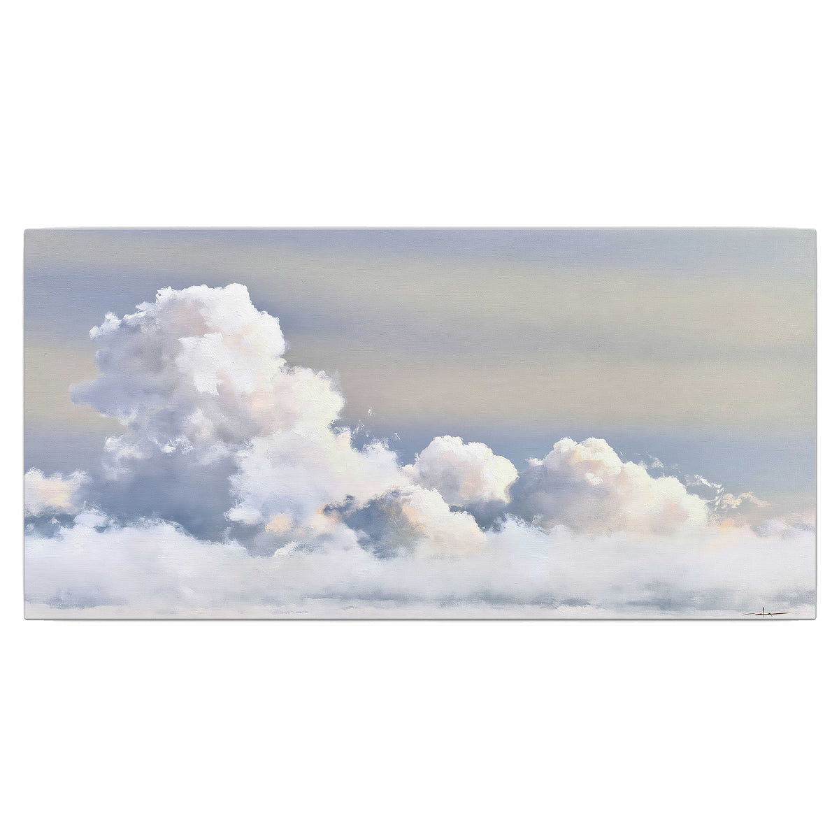 Large white clouds rising through a pale blue sky with gentle warm highlights single canvas wall art viewed straight on