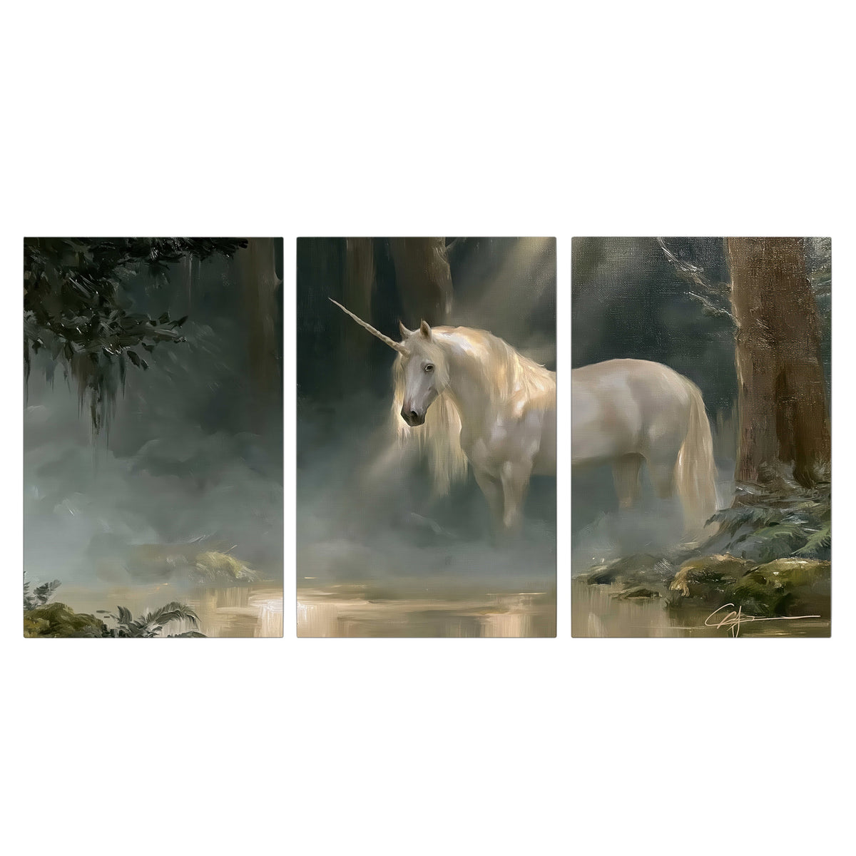 A white unicorn standing near rocks and a quiet stream in a green woodland 3 piece canvas wall art viewed straight on