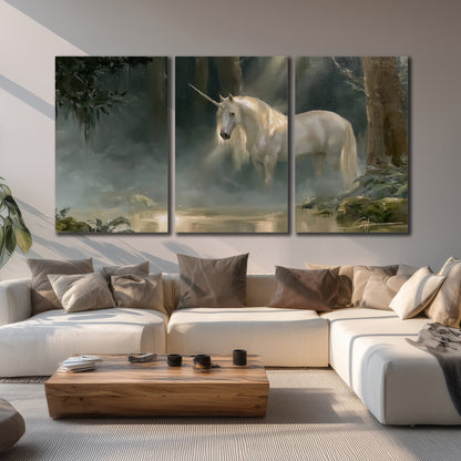 A white unicorn standing near rocks and a quiet stream in a green woodland 3 piece canvas wall art displayed in a living room
