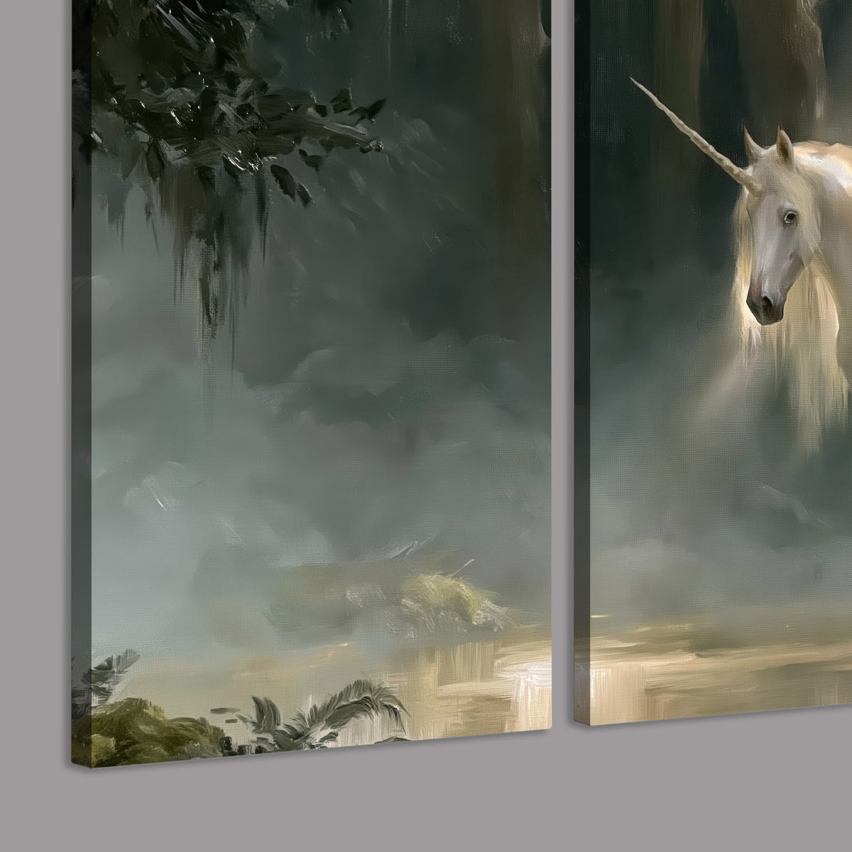 A white unicorn standing near rocks and a quiet stream in a green woodland 3 piece canvas wall art room and product view