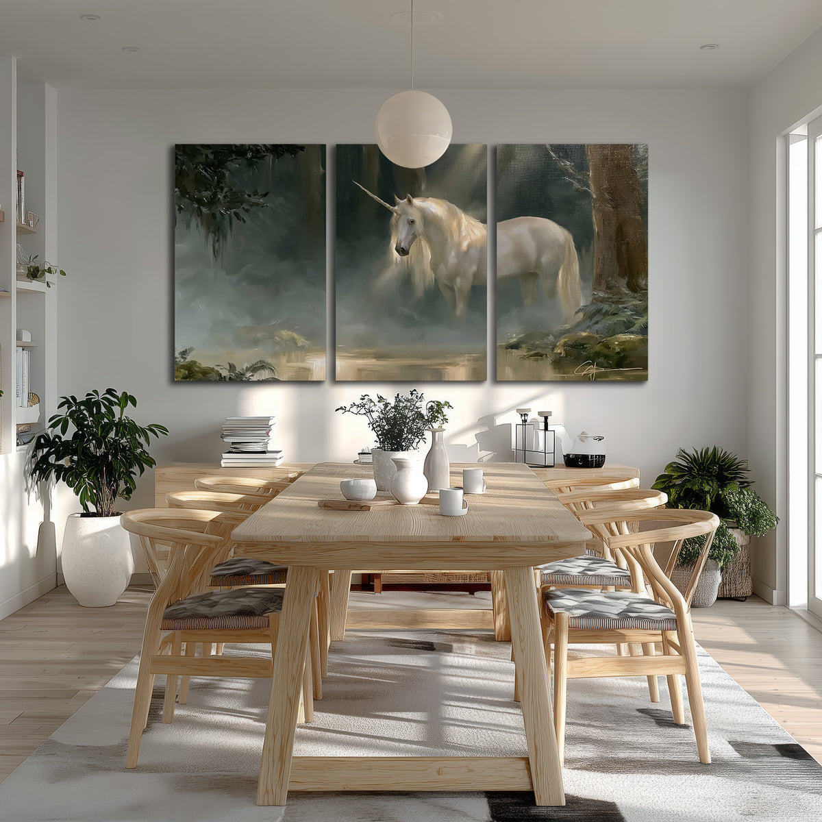 A white unicorn standing near rocks and a quiet stream in a green woodland 3 piece canvas wall art room and product view