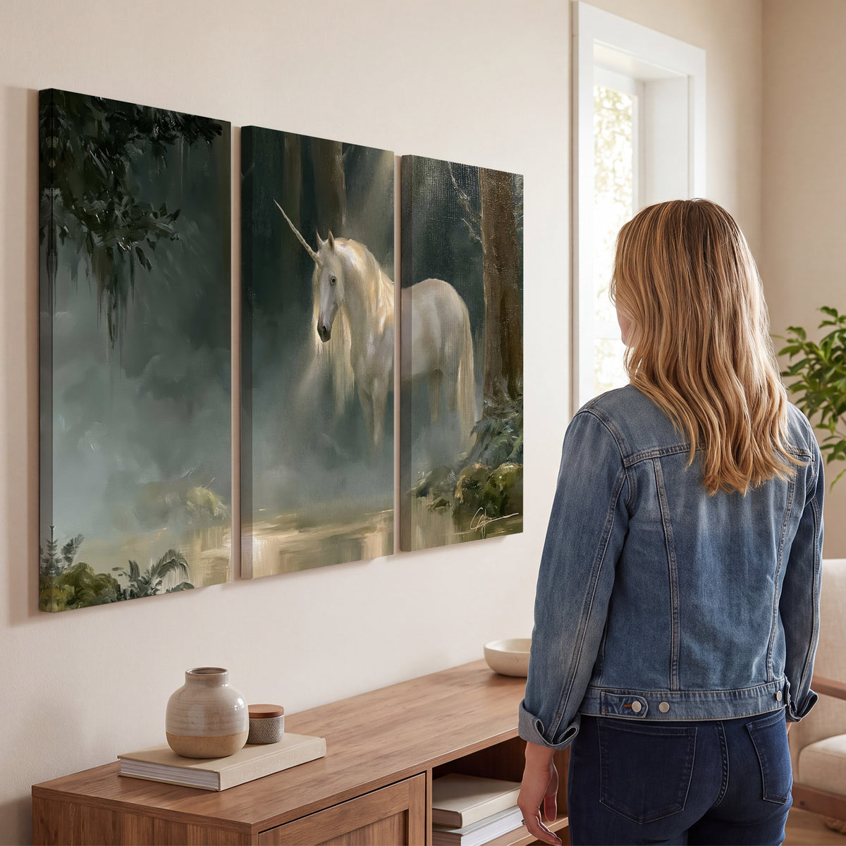 A white unicorn standing near rocks and a quiet stream in a green woodland 3 piece canvas wall art three panel arrangement on a wall