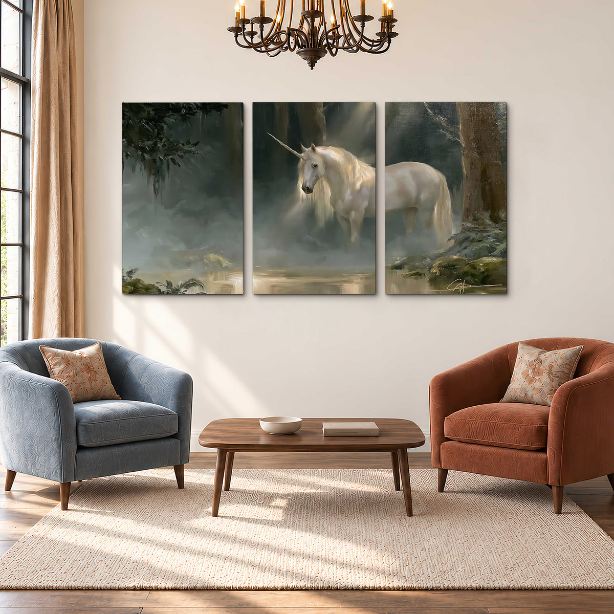 A white unicorn standing near rocks and a quiet stream in a green woodland 3 piece canvas wall art styled in an interior