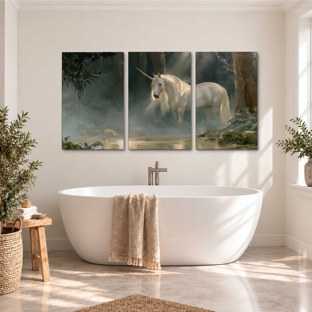 A white unicorn standing near rocks and a quiet stream in a green woodland 3 piece canvas wall art styled in an interior