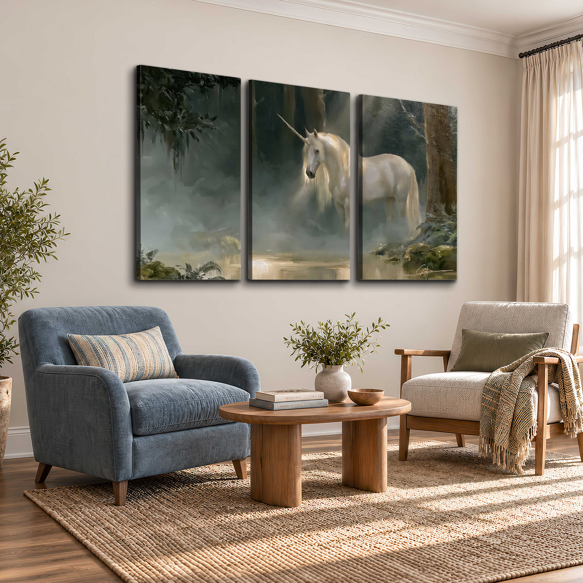 A white unicorn standing near rocks and a quiet stream in a green woodland 3 piece canvas wall art styled in an interior