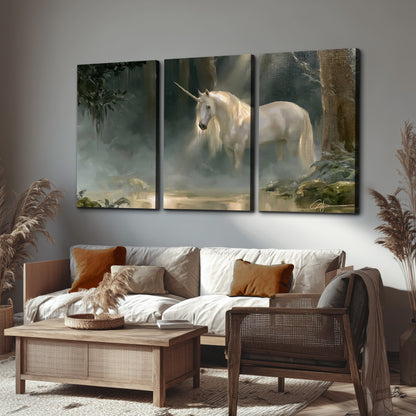 A white unicorn standing near rocks and a quiet stream in a green woodland 3 piece canvas wall art displayed in a rustic living room