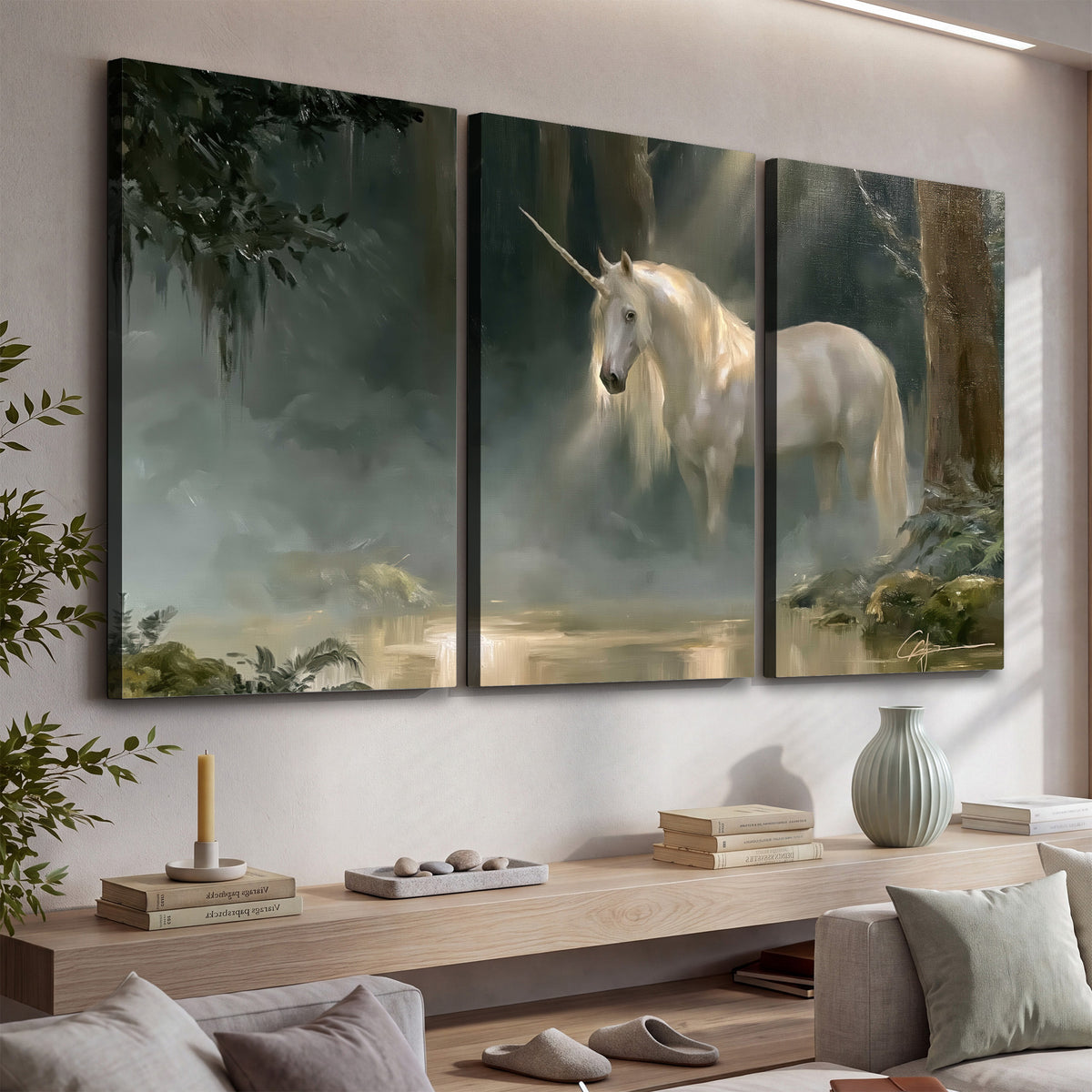 A white unicorn standing near rocks and a quiet stream in a green woodland 3 piece canvas wall art displayed in a console