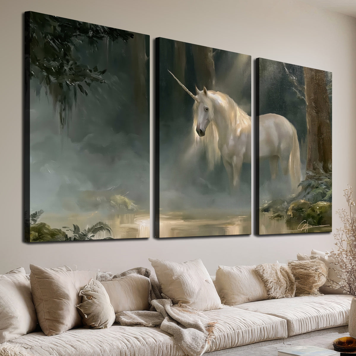 A white unicorn standing near rocks and a quiet stream in a green woodland 3 piece canvas wall art room and product view