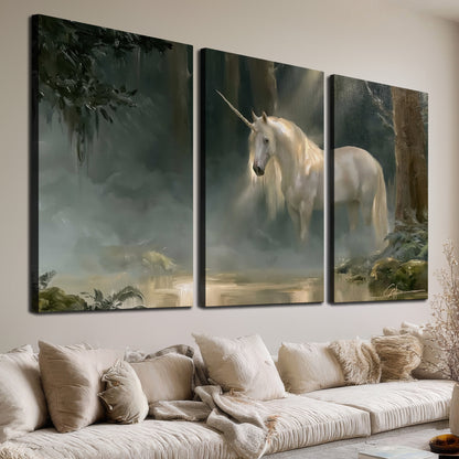 A white unicorn standing near rocks and a quiet stream in a green woodland 3 piece canvas wall art room and product view