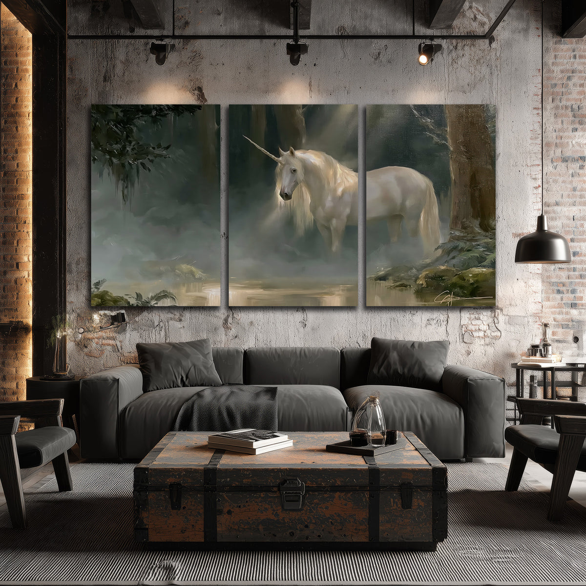 A white unicorn standing near rocks and a quiet stream in a green woodland 3 piece canvas wall art displayed in a industrial room