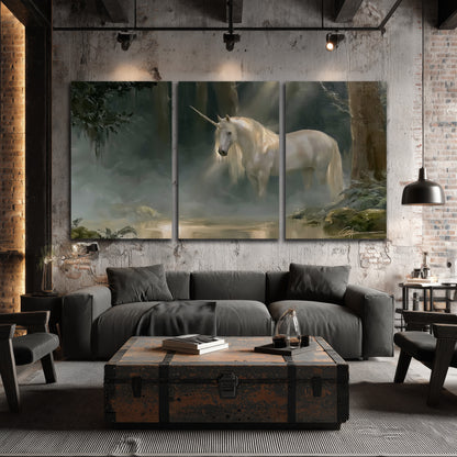 A white unicorn standing near rocks and a quiet stream in a green woodland 3 piece canvas wall art displayed in a industrial room