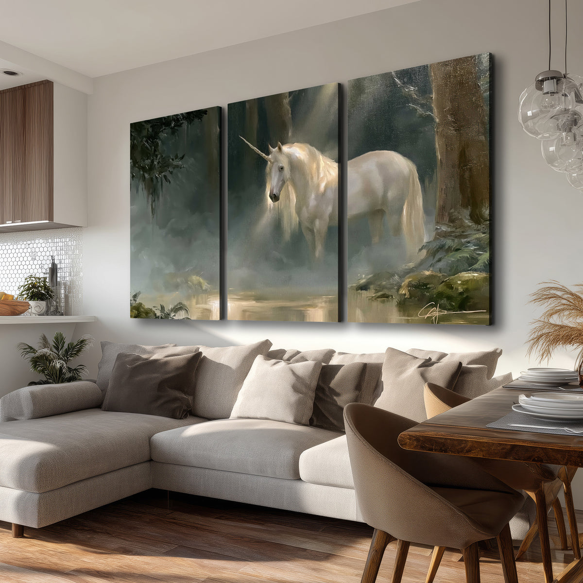 A white unicorn standing near rocks and a quiet stream in a green woodland 3 piece canvas wall art room and product view