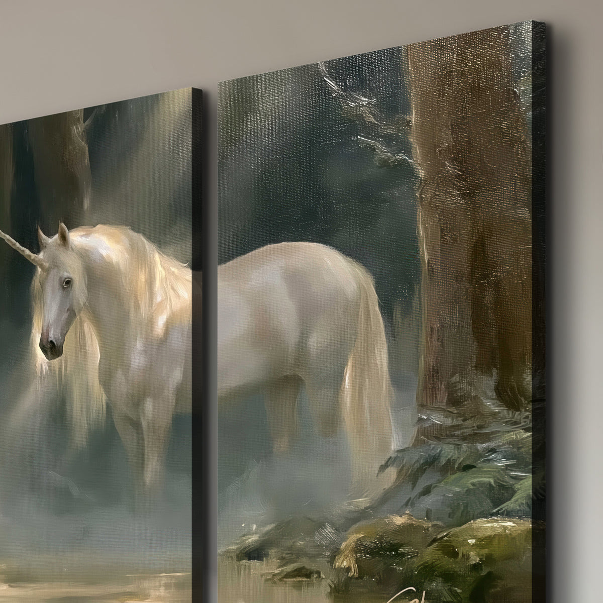 A white unicorn standing near rocks and a quiet stream in a green woodland 3 piece canvas wall art room and product view