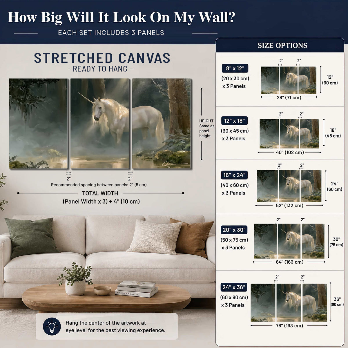 A white unicorn standing near rocks and a quiet stream in a green woodland 3 piece canvas wall art size guide above a sofa; room view is illustrative
