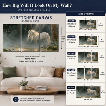 A white unicorn standing near rocks and a quiet stream in a green woodland 3 piece canvas wall art size guide above a sofa; room view is illustrative
