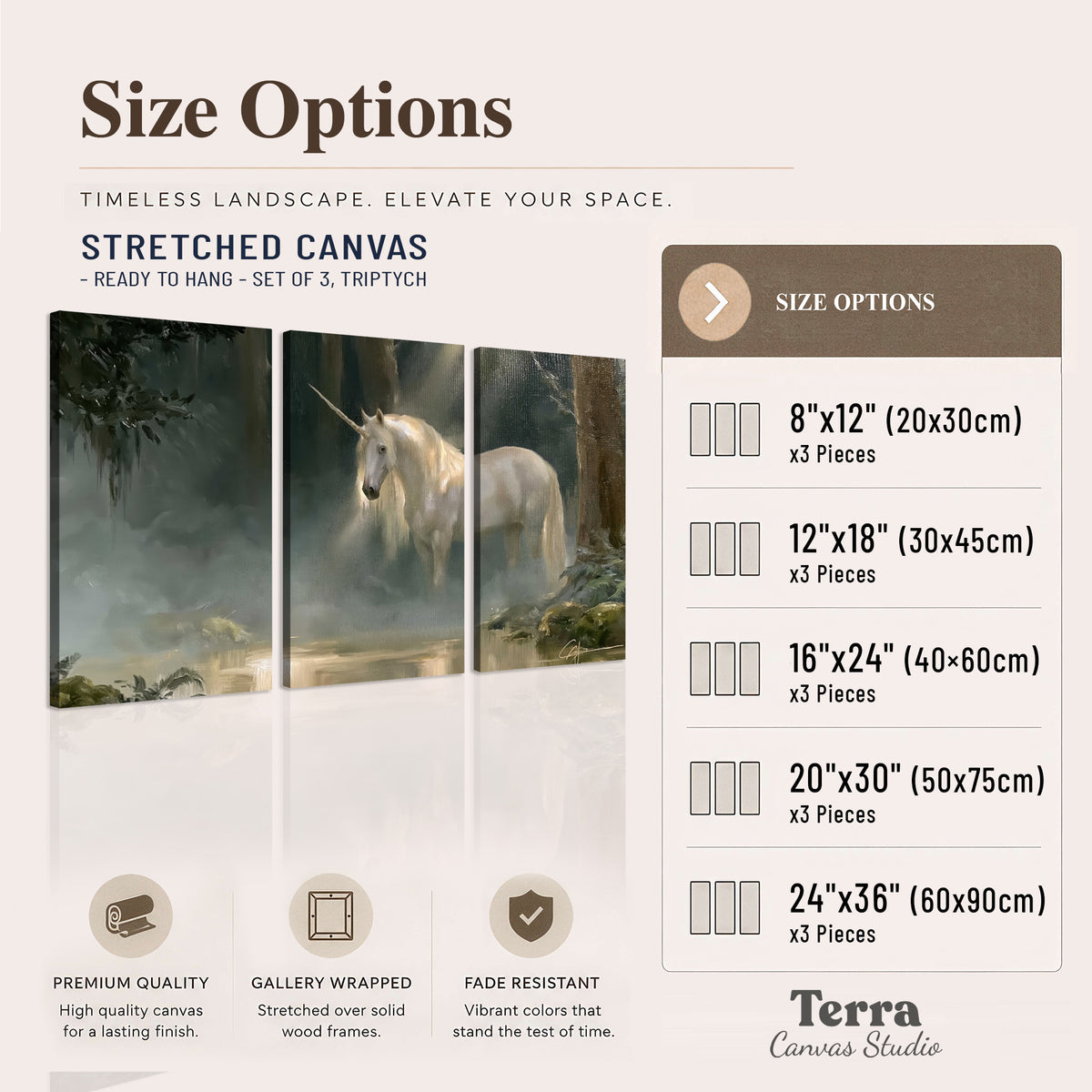 A white unicorn standing near rocks and a quiet stream in a green woodland 3 piece canvas wall art available dimensions; triptych dimensions are per panel