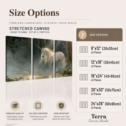 A white unicorn standing near rocks and a quiet stream in a green woodland 3 piece canvas wall art available dimensions; triptych dimensions are per panel