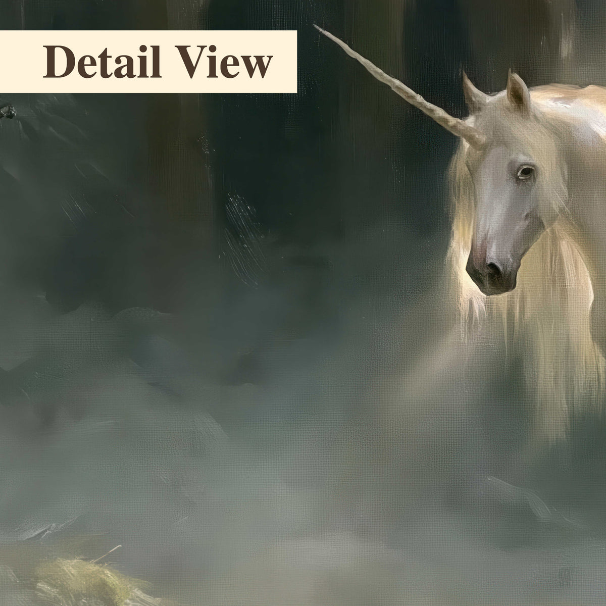 A white unicorn standing near rocks and a quiet stream in a green woodland 3 piece canvas wall art artwork detail close up