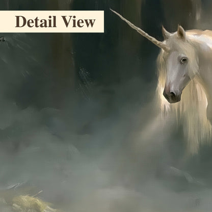 A white unicorn standing near rocks and a quiet stream in a green woodland 3 piece canvas wall art artwork detail close up