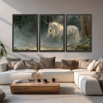 A white unicorn standing near rocks and a quiet stream in a green woodland 3 piece framed canvas wall art displayed in a living room