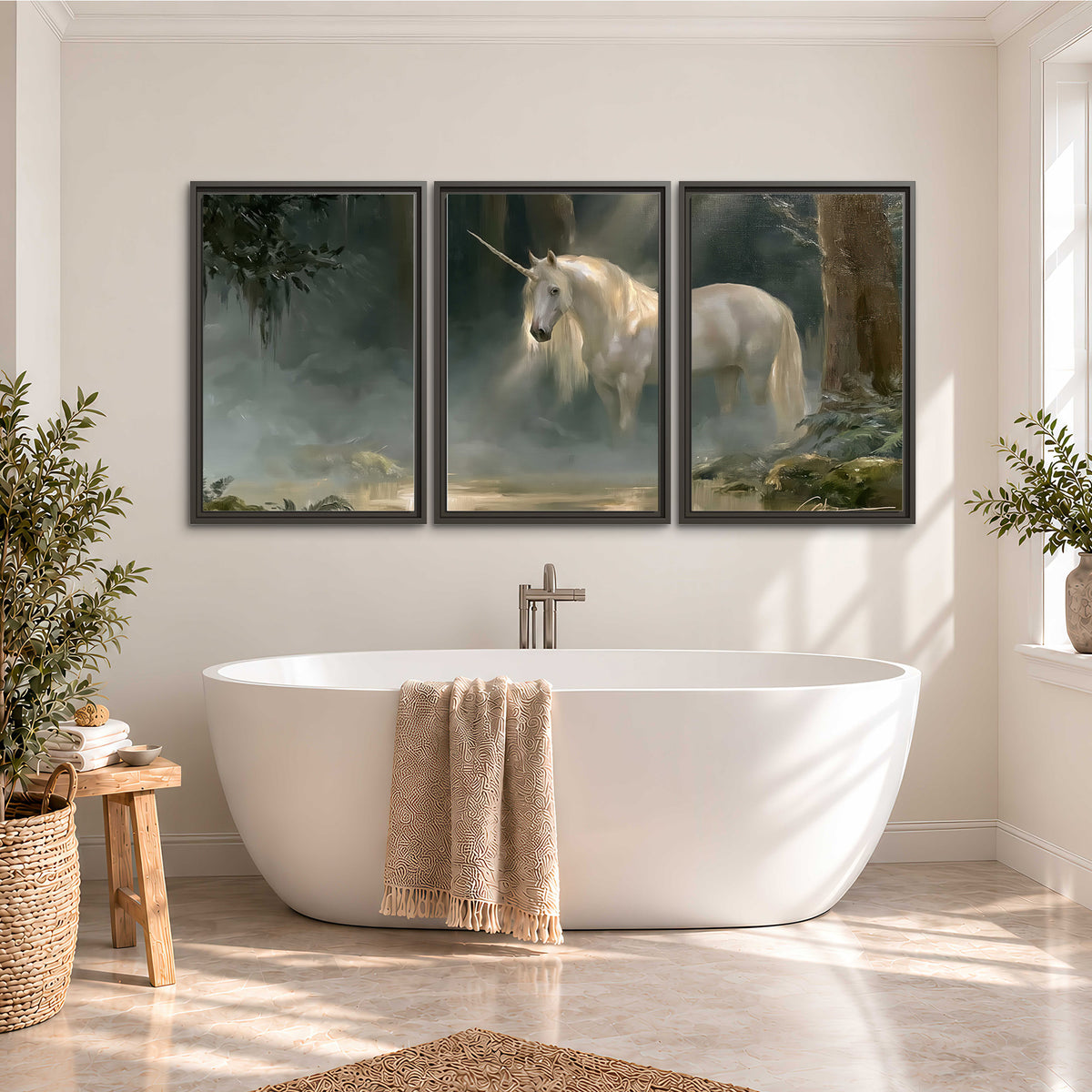 A white unicorn standing near rocks and a quiet stream in a green woodland 3 piece framed canvas wall art styled in an interior