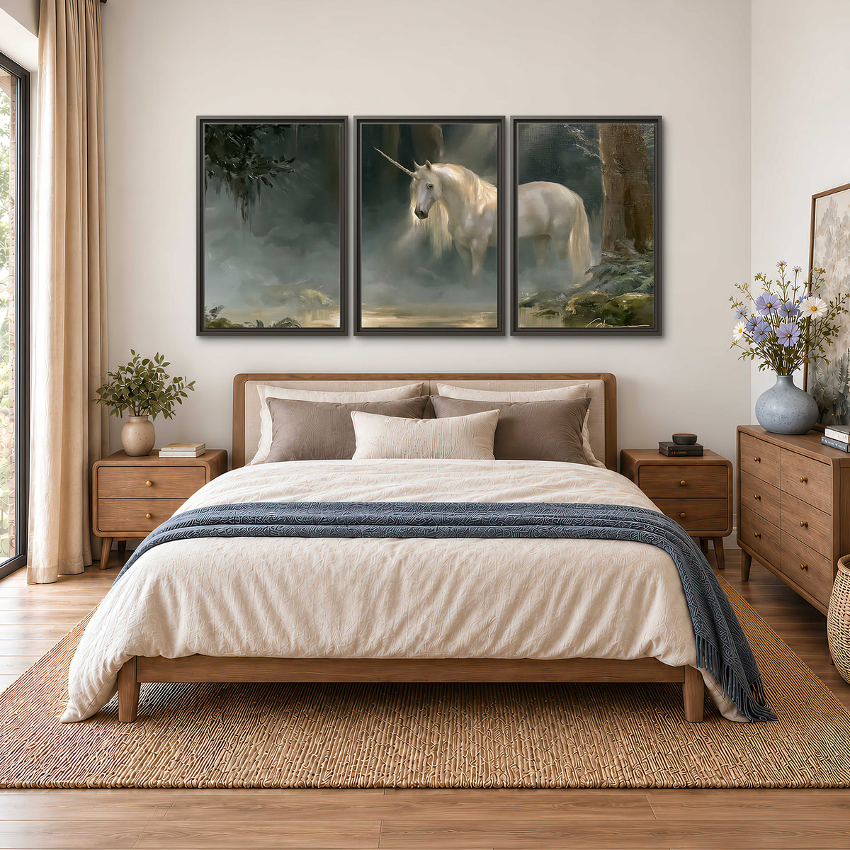 A white unicorn standing near rocks and a quiet stream in a green woodland 3 piece framed canvas wall art styled in an interior