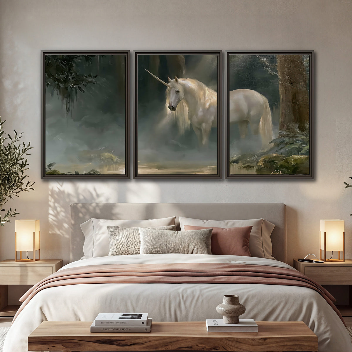 A white unicorn standing near rocks and a quiet stream in a green woodland 3 piece framed canvas wall art displayed in a bedroom