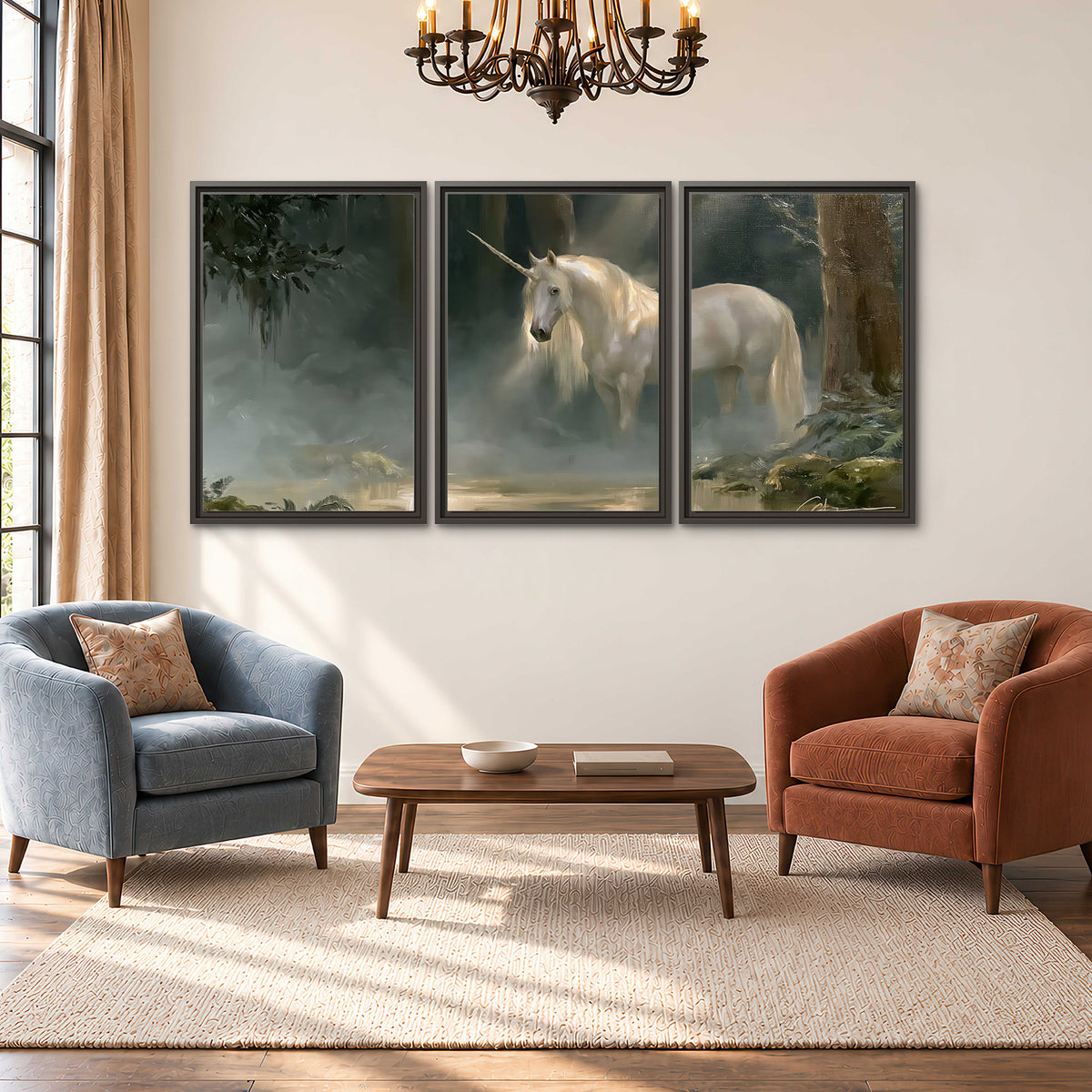 A white unicorn standing near rocks and a quiet stream in a green woodland 3 piece framed canvas wall art styled in an interior
