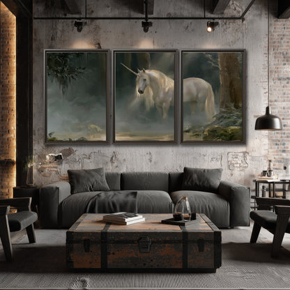 A white unicorn standing near rocks and a quiet stream in a green woodland 3 piece framed canvas wall art displayed in a industrial room