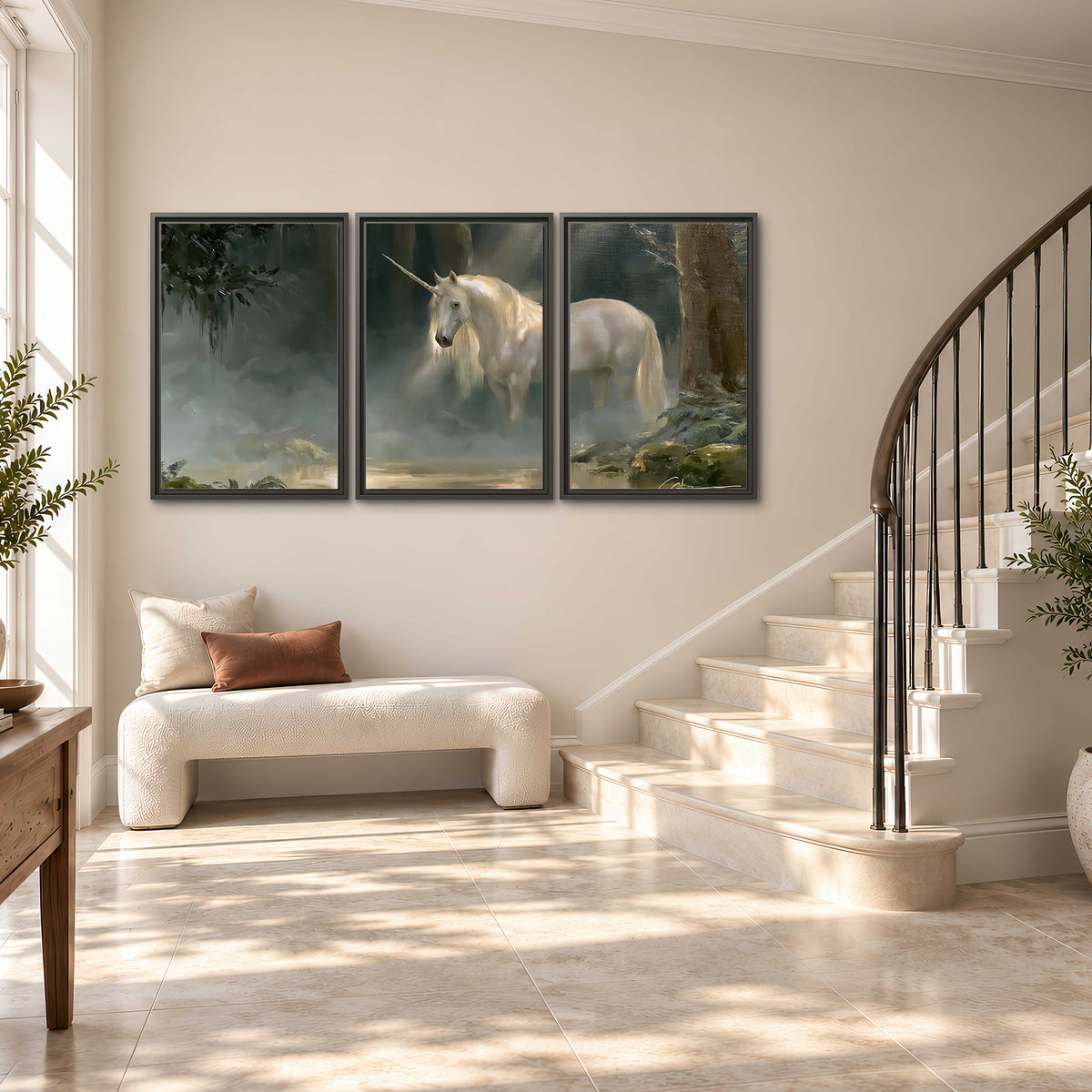 A white unicorn standing near rocks and a quiet stream in a green woodland 3 piece framed canvas wall art styled in an interior