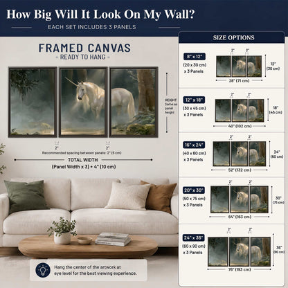 A white unicorn standing near rocks and a quiet stream in a green woodland 3 piece framed canvas wall art size guide above a sofa; room view is illustrative
