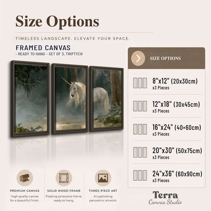 A white unicorn standing near rocks and a quiet stream in a green woodland 3 piece framed canvas wall art available dimensions; triptych dimensions are per panel