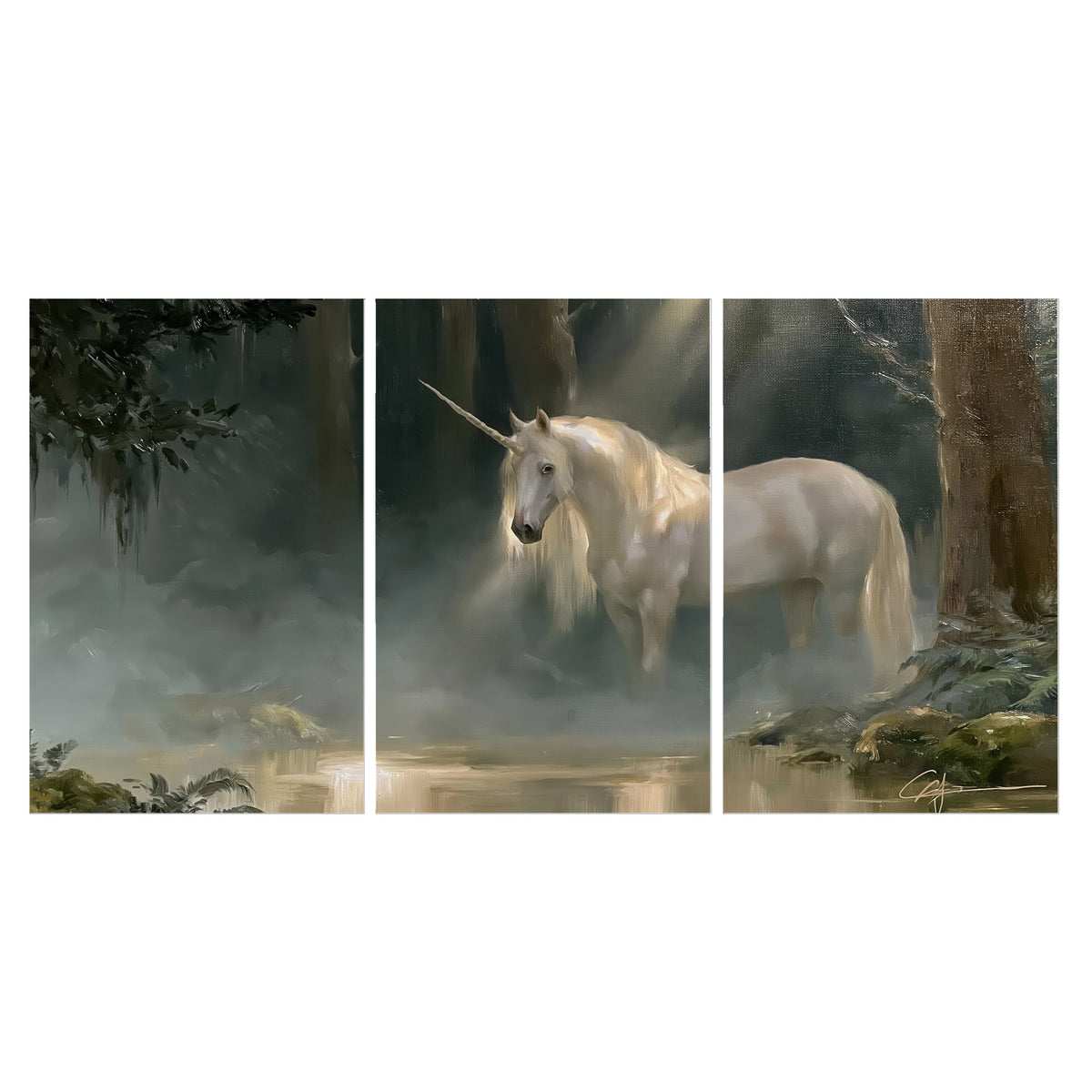 A white unicorn standing near rocks and a quiet stream in a green woodland set of 3 poster prints viewed straight on