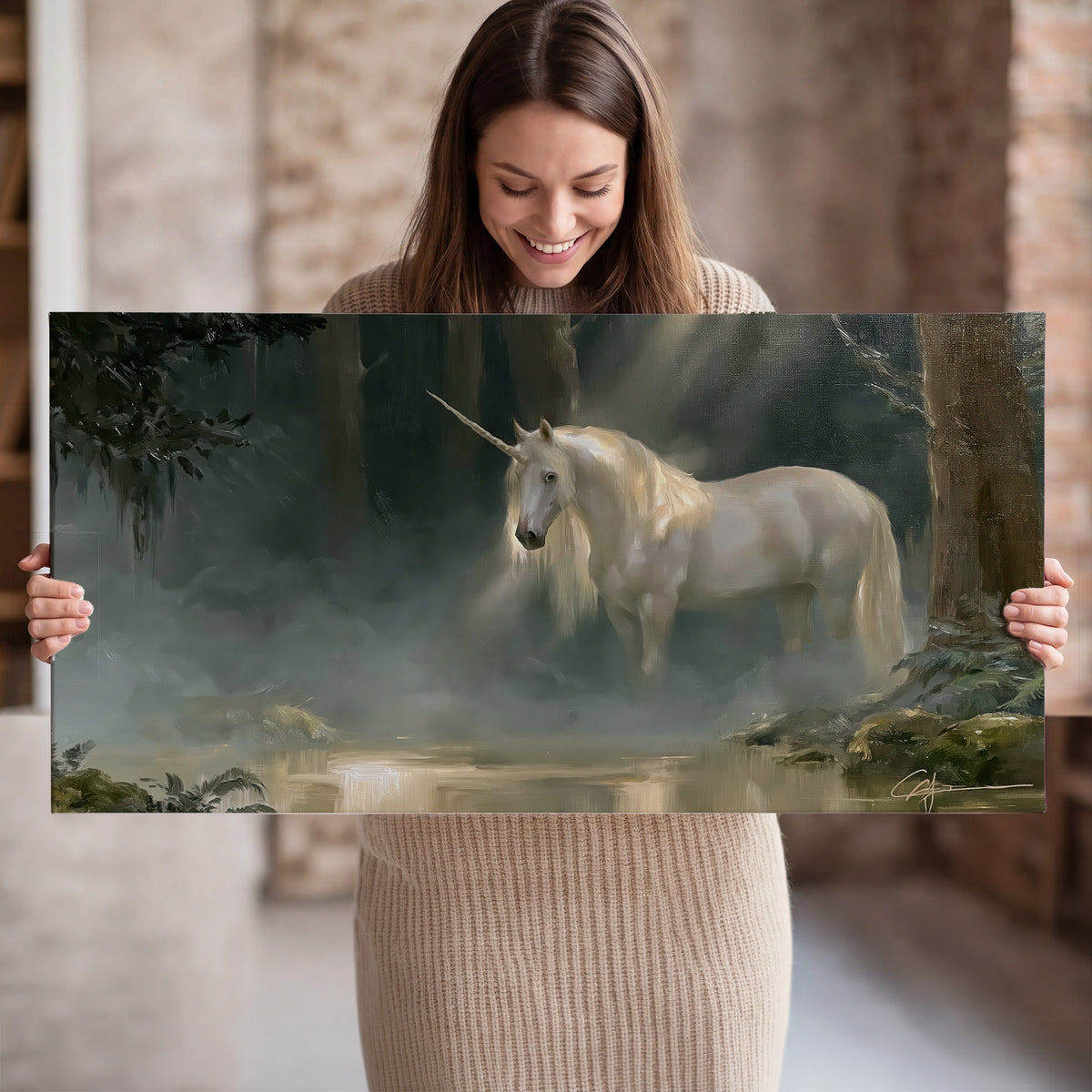 A white unicorn standing near rocks and a quiet stream in a green woodland single canvas wall art held in hands