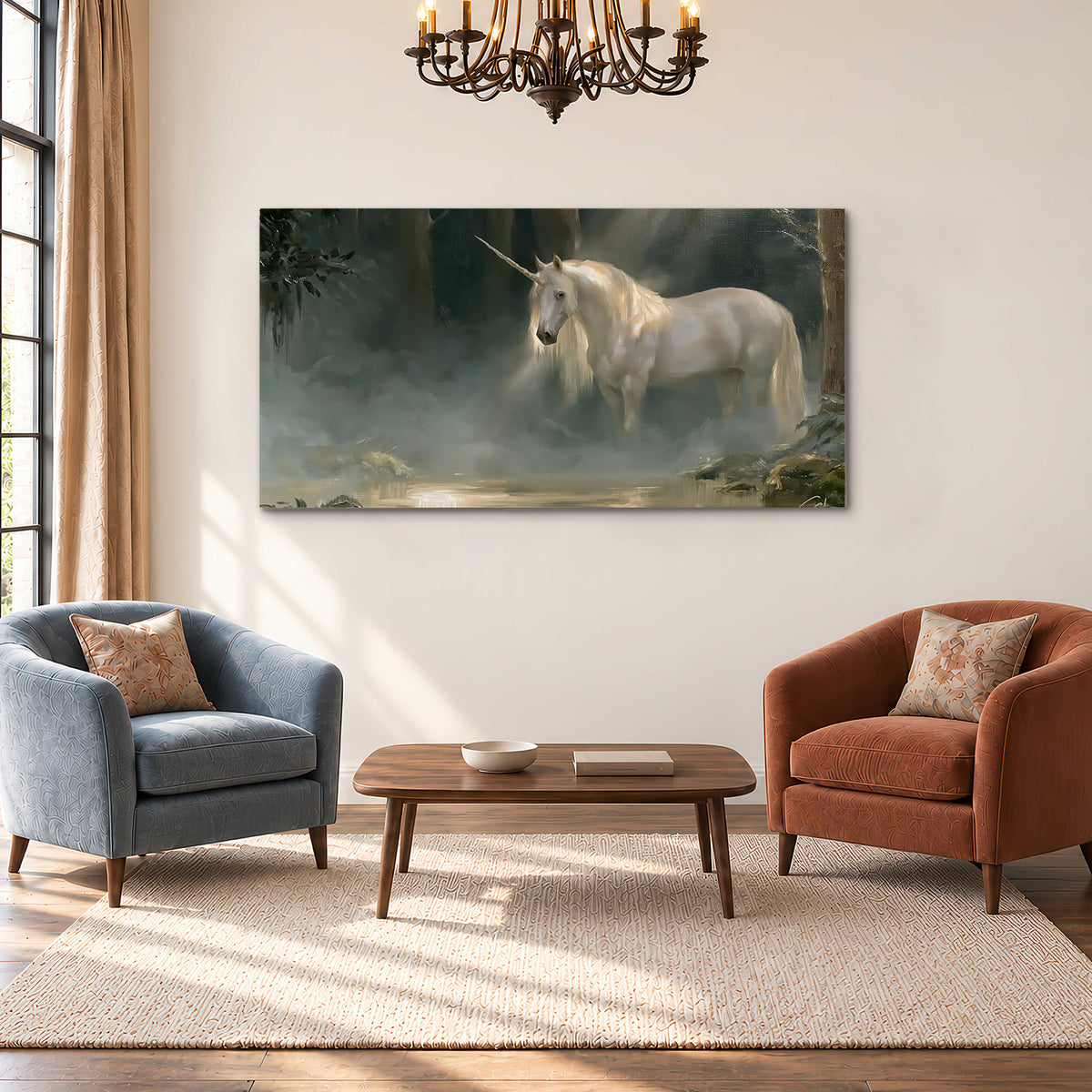 A white unicorn standing near rocks and a quiet stream in a green woodland single canvas wall art styled in an interior