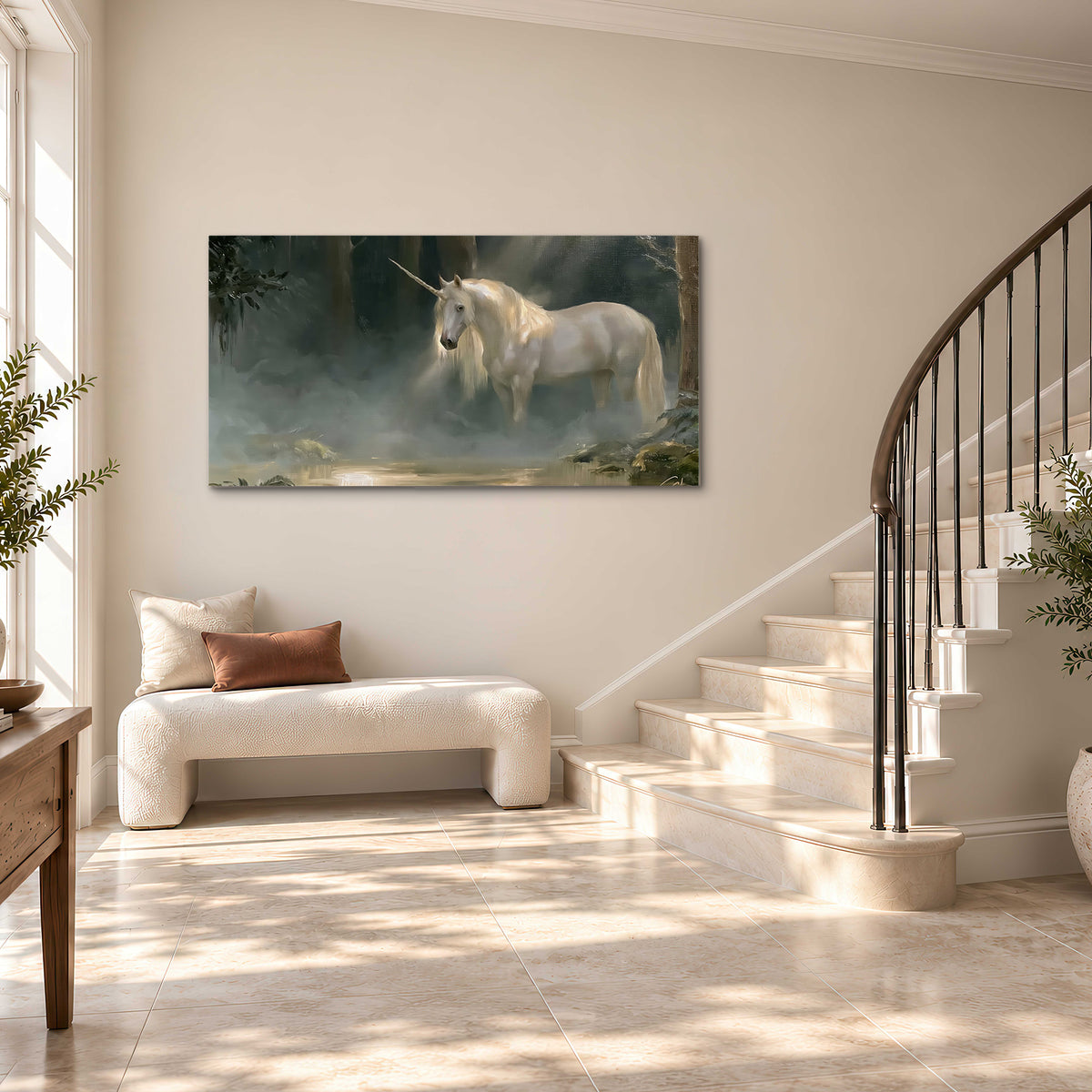 A white unicorn standing near rocks and a quiet stream in a green woodland single canvas wall art styled in an interior