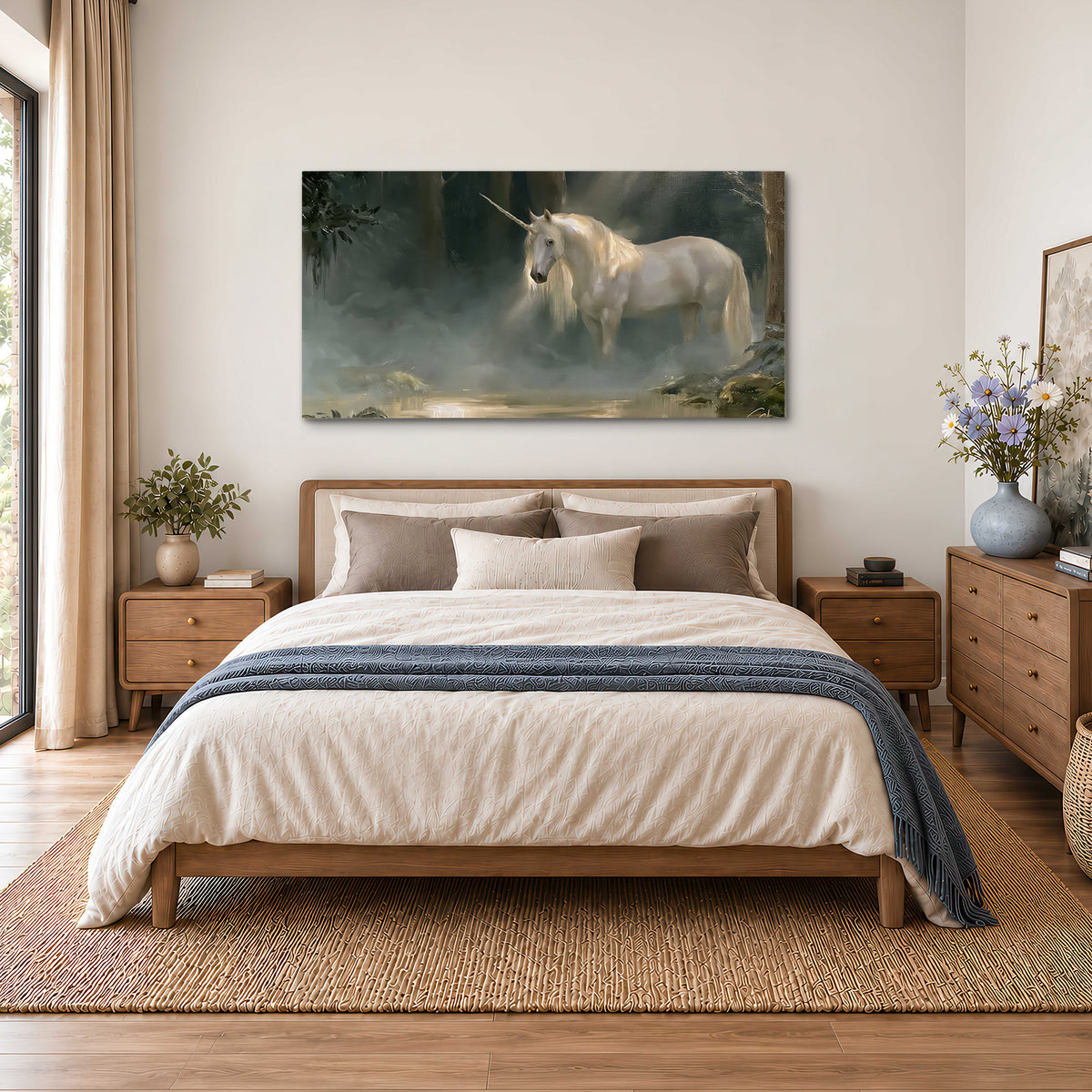 A white unicorn standing near rocks and a quiet stream in a green woodland single canvas wall art styled in an interior