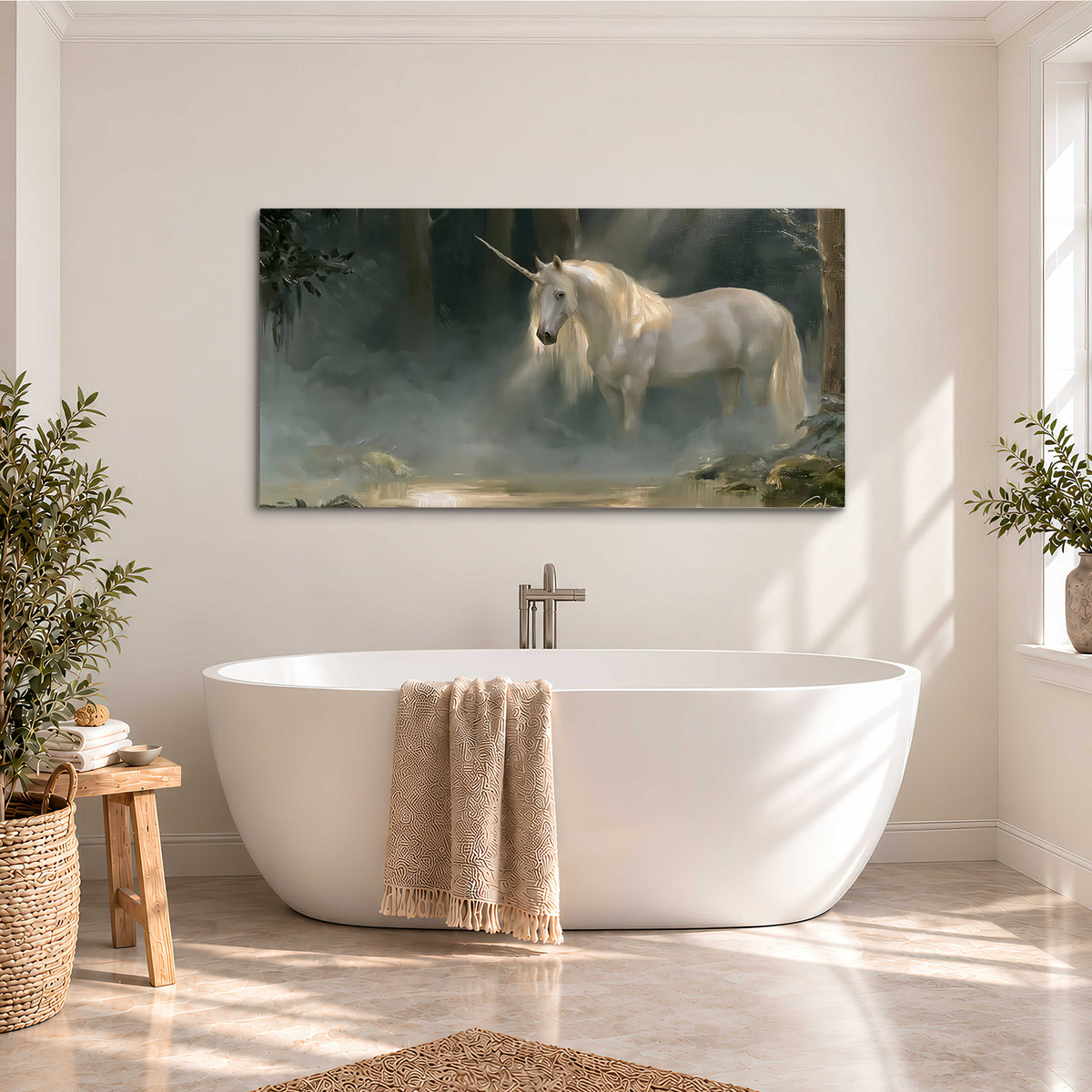 A white unicorn standing near rocks and a quiet stream in a green woodland single canvas wall art styled in an interior
