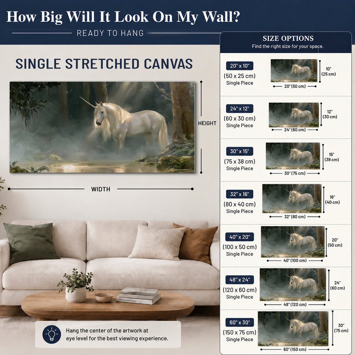 A white unicorn standing near rocks and a quiet stream in a green woodland single canvas wall art size guide above a sofa; room view is illustrative