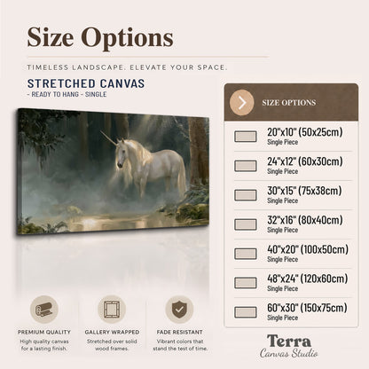 A white unicorn standing near rocks and a quiet stream in a green woodland single canvas wall art available dimensions