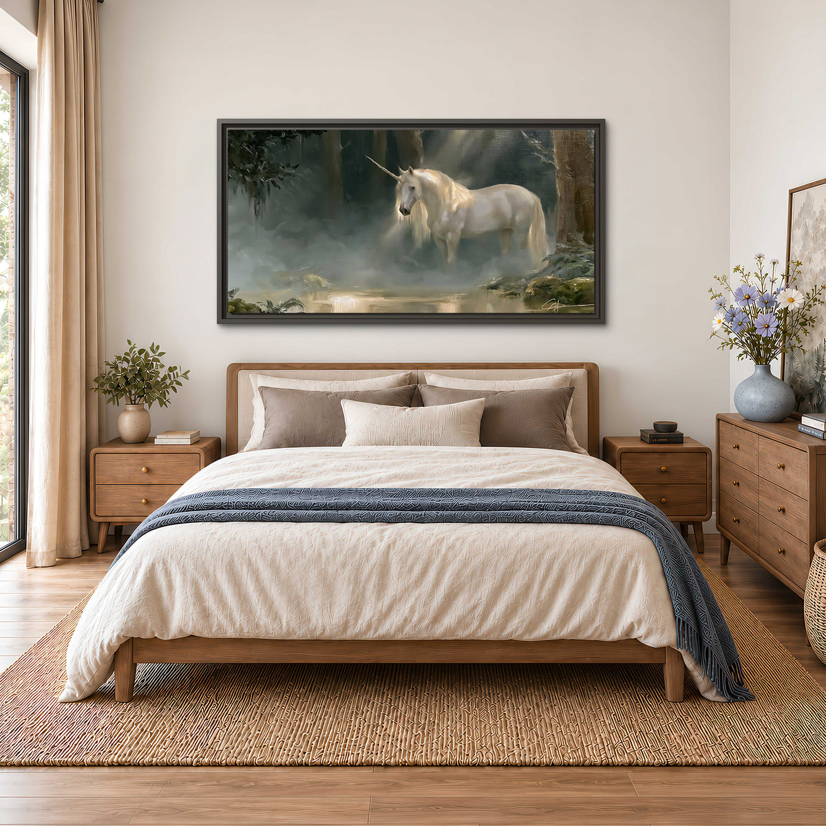 A white unicorn standing near rocks and a quiet stream in a green woodland single framed canvas wall art styled in an interior