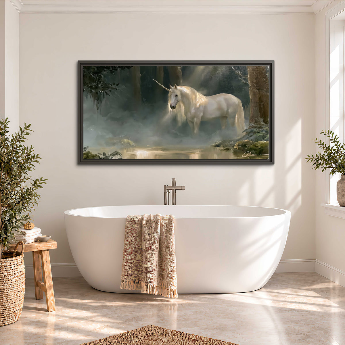 A white unicorn standing near rocks and a quiet stream in a green woodland single framed canvas wall art styled in an interior