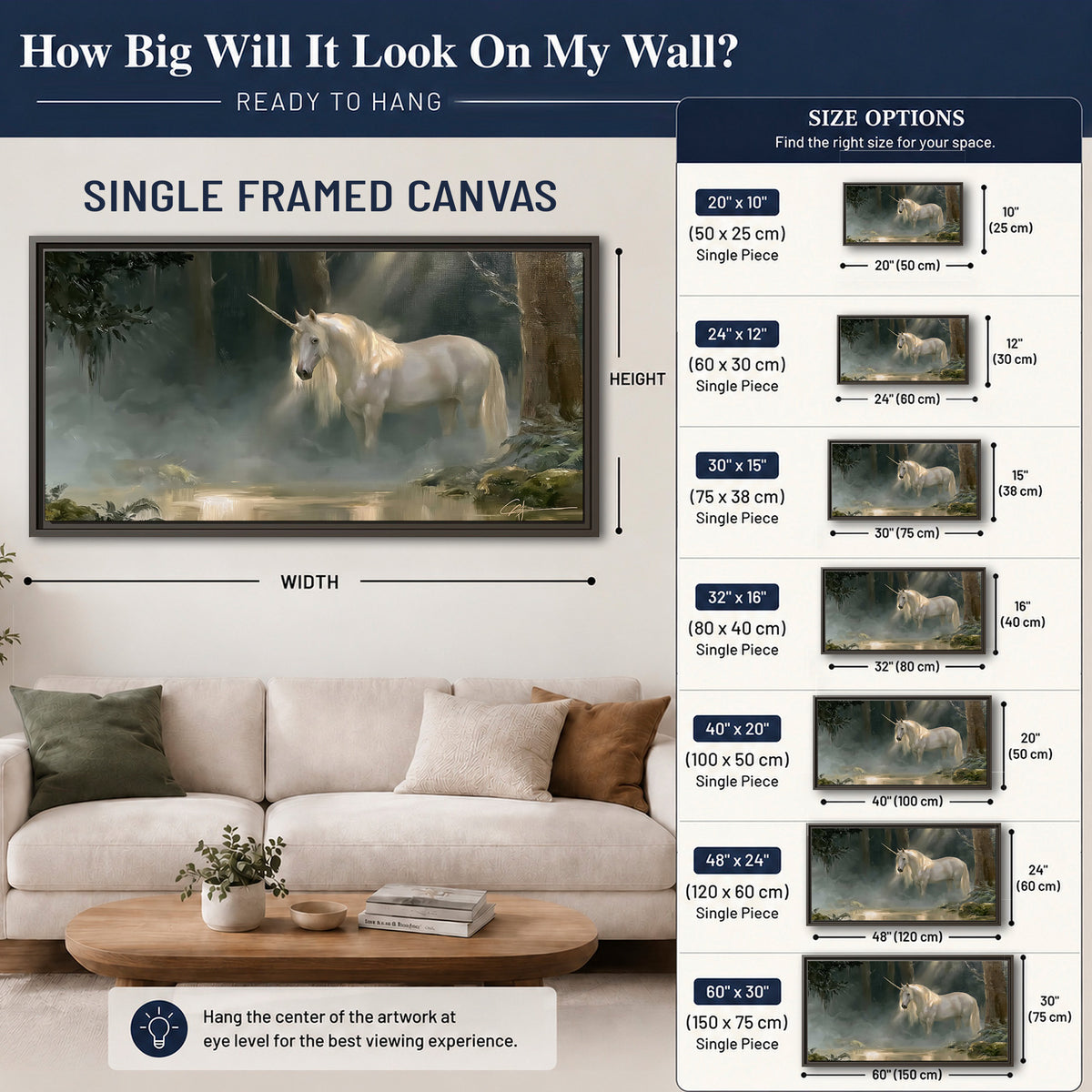 A white unicorn standing near rocks and a quiet stream in a green woodland single framed canvas wall art size guide above a sofa; room view is illustrative