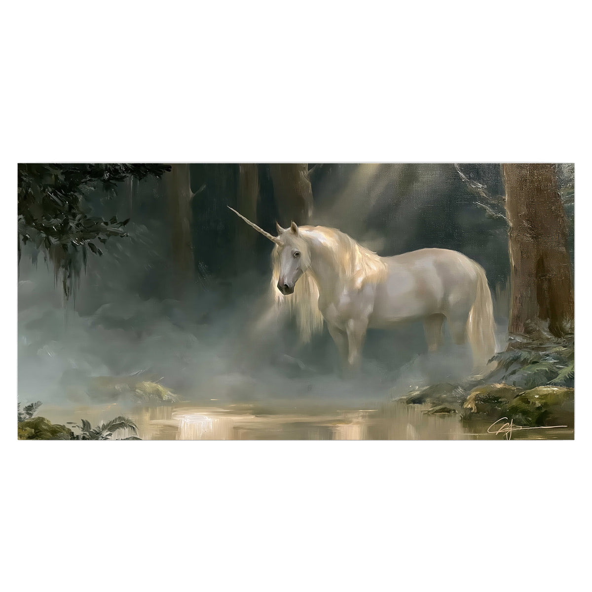 A white unicorn standing near rocks and a quiet stream in a green woodland single poster print viewed straight on