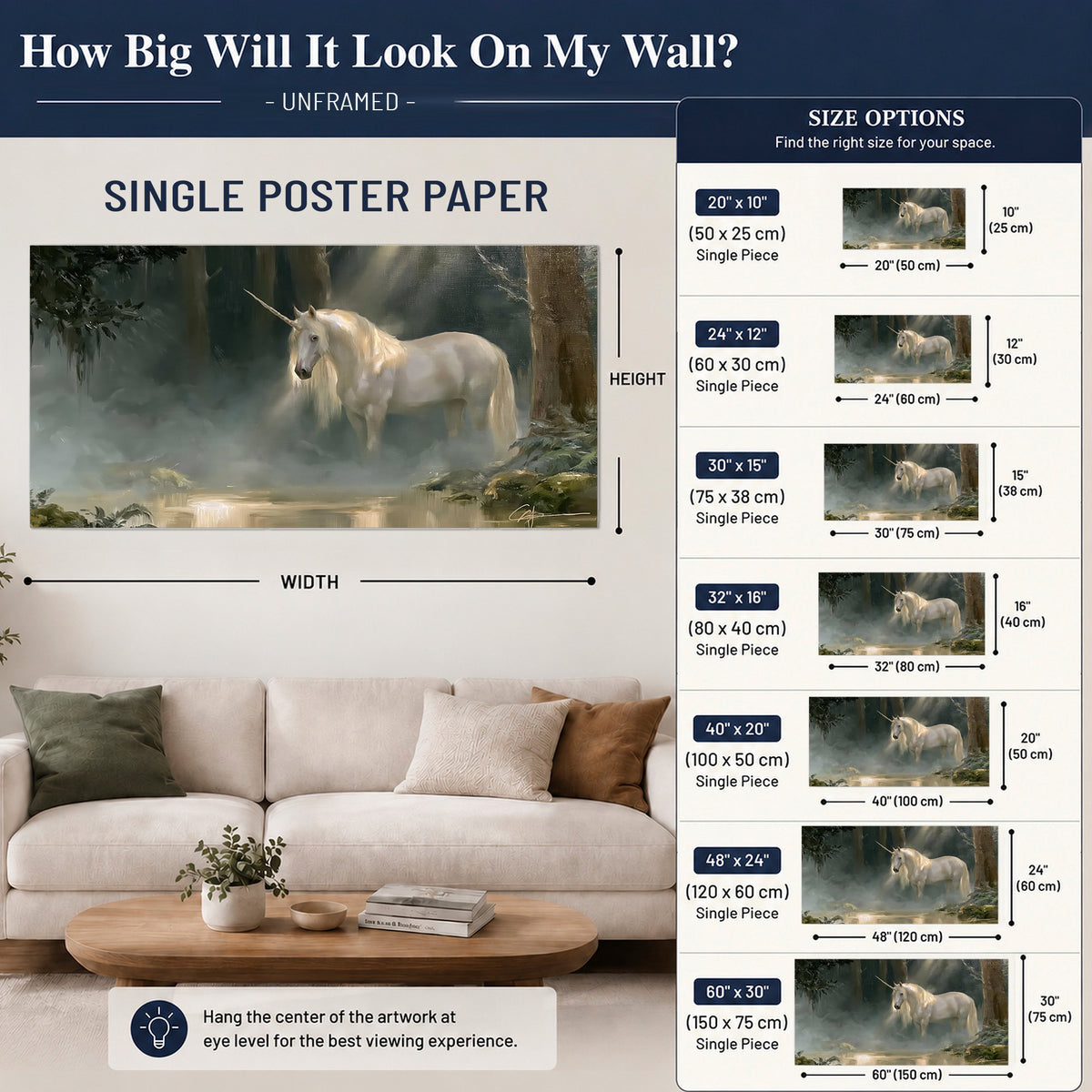 A white unicorn standing near rocks and a quiet stream in a green woodland single poster print size guide above a sofa; room view is illustrative